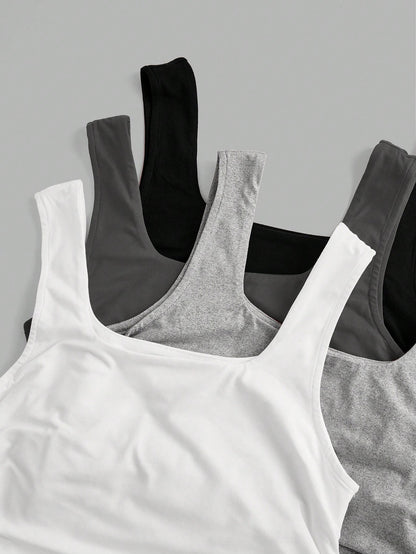 EZwear 4pcs/Set Plus Size Black Pastel Pink Grey White Casual Smart Casual Short Tank Top,Summer,Mother Day None, Gym