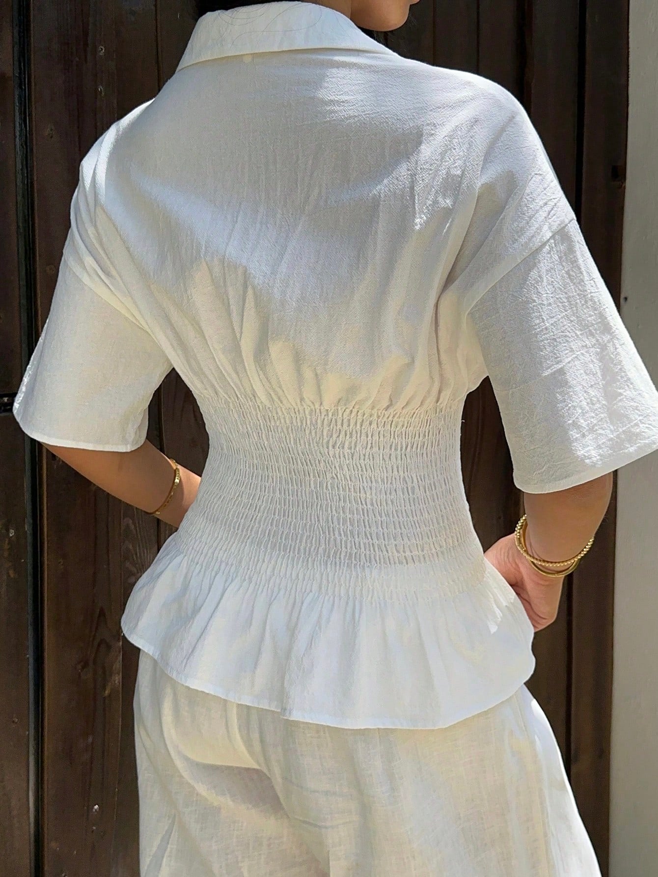 EZwear Beach Vacation Vacation Women's Casual Elegant Tropical White Batwing Sleeve Gathered Waist Shirt, Summer For Women