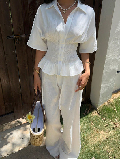 EZwear Beach Vacation Vacation Women's Casual Elegant Tropical White Batwing Sleeve Gathered Waist Shirt, Summer For Women