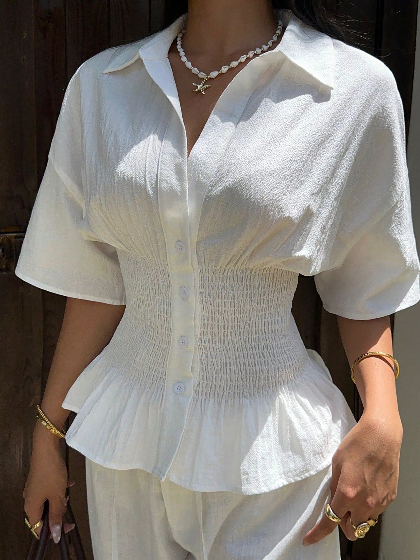 EZwear Beach Vacation Vacation Women's Casual Elegant Tropical White Batwing Sleeve Gathered Waist Shirt, Summer For Women