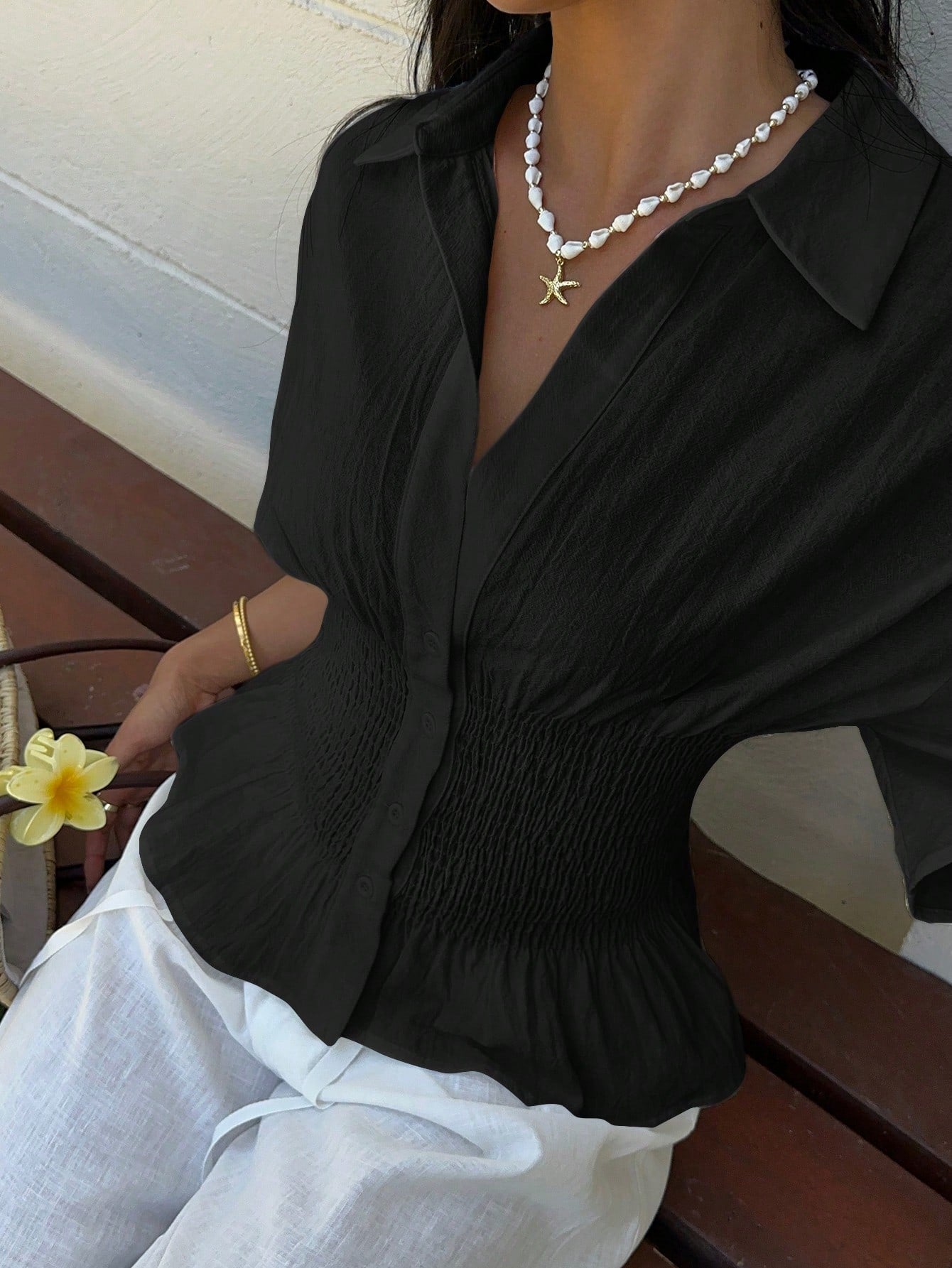 EZwear Beach Vacation Vacation Women's Casual Elegant Tropical White Batwing Sleeve Gathered Waist Shirt, Summer For Women