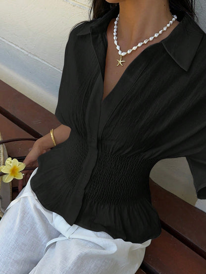EZwear Beach Vacation Vacation Women's Casual Elegant Tropical White Batwing Sleeve Gathered Waist Shirt, Summer For Women
