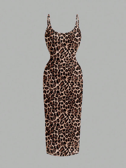 EZwear Casual Minimalist Leopard Print Fitted Camisole Dress, Suitable For Summer Suitable For Going Out Chic Dress