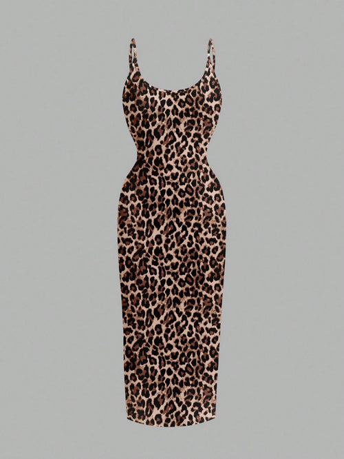 EZwear Casual Minimalist Leopard Print Fitted Camisole Dress, Suitable For Summer Suitable For Going Out Chic Dress
