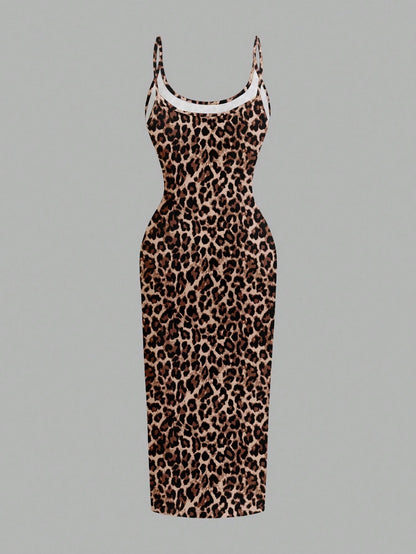 EZwear Casual Minimalist Leopard Print Fitted Camisole Dress, Suitable For Summer Suitable For Going Out Chic Dress