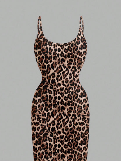 EZwear Casual Minimalist Leopard Print Fitted Camisole Dress, Suitable For Summer Suitable For Going Out Chic Dress