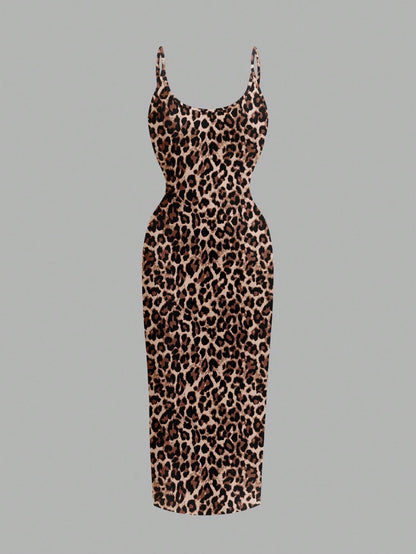EZwear Casual Minimalist Leopard Print Fitted Camisole Dress, Suitable For Summer Suitable For Going Out Chic Dress