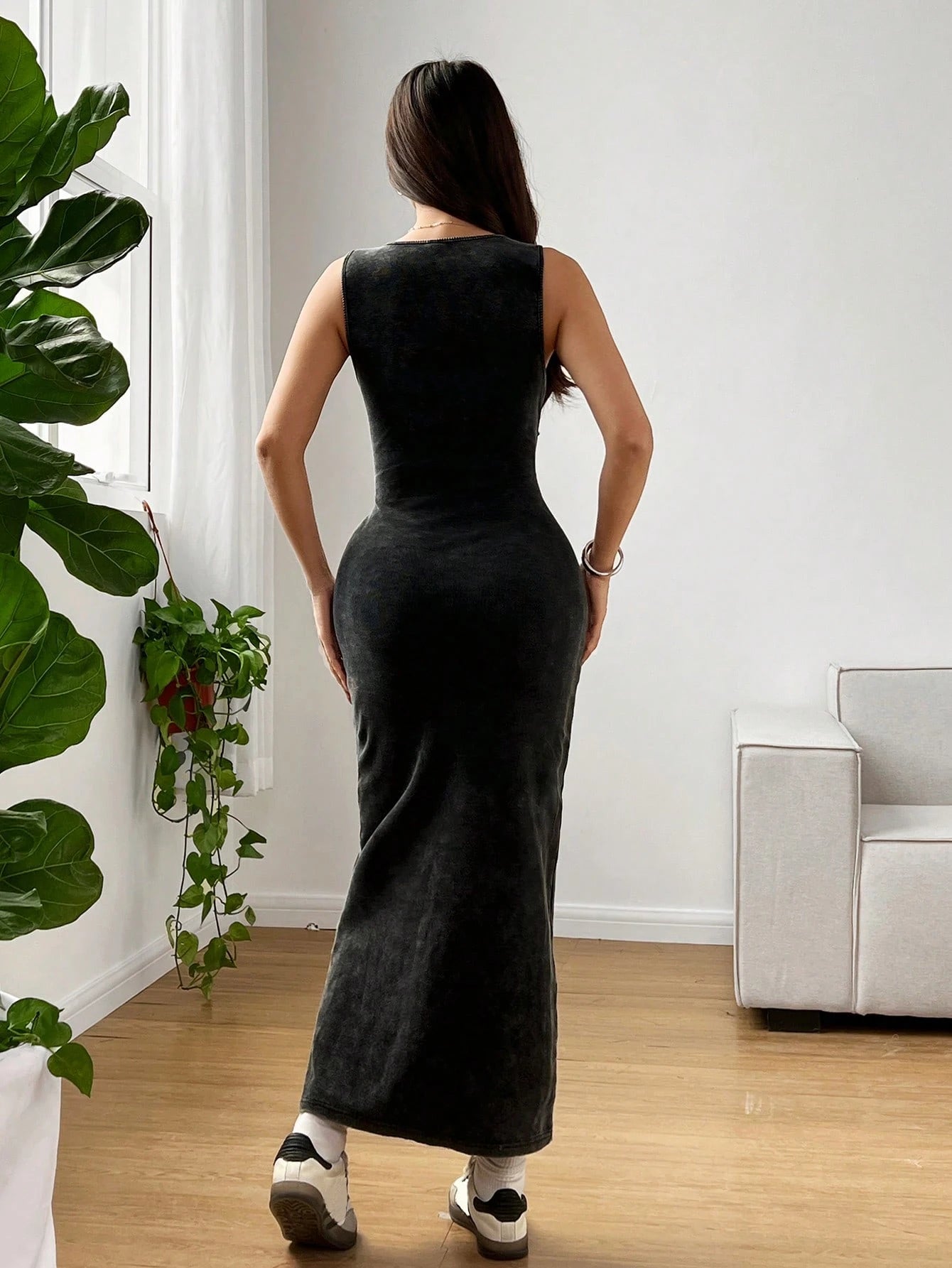 EZwear Distressed Style Acid-Washed Round Neck Sleeveless Bodycon Dress Everyday Holiday Gray Summer Casual Sexy