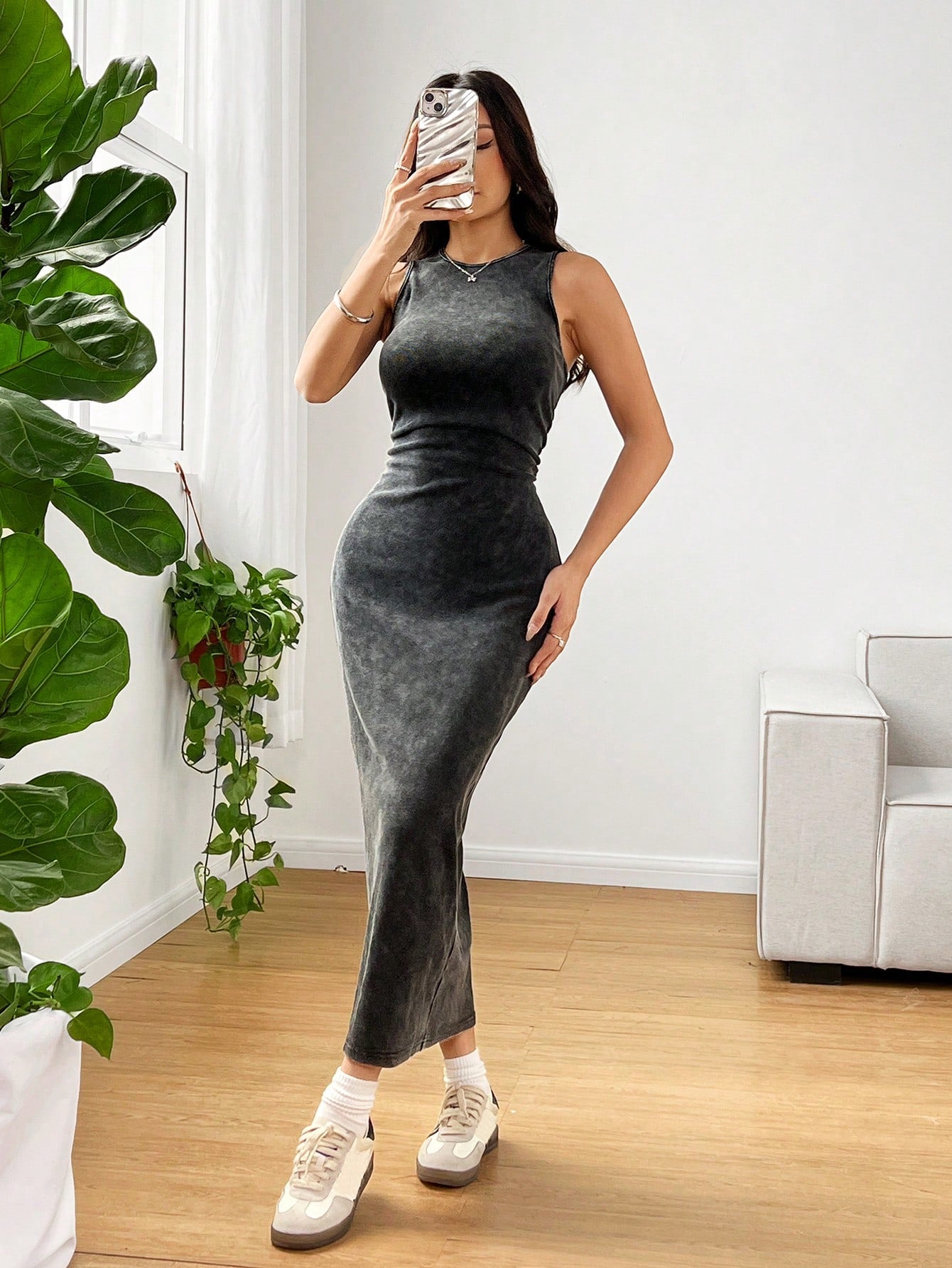 EZwear Distressed Style Acid-Washed Round Neck Sleeveless Bodycon Dress Everyday Holiday Gray Summer Casual Sexy
