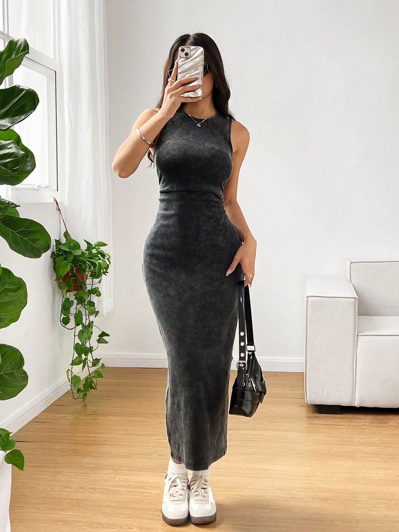 EZwear Distressed Style Acid-Washed Round Neck Sleeveless Bodycon Dress Everyday Holiday Gray Summer Casual Sexy