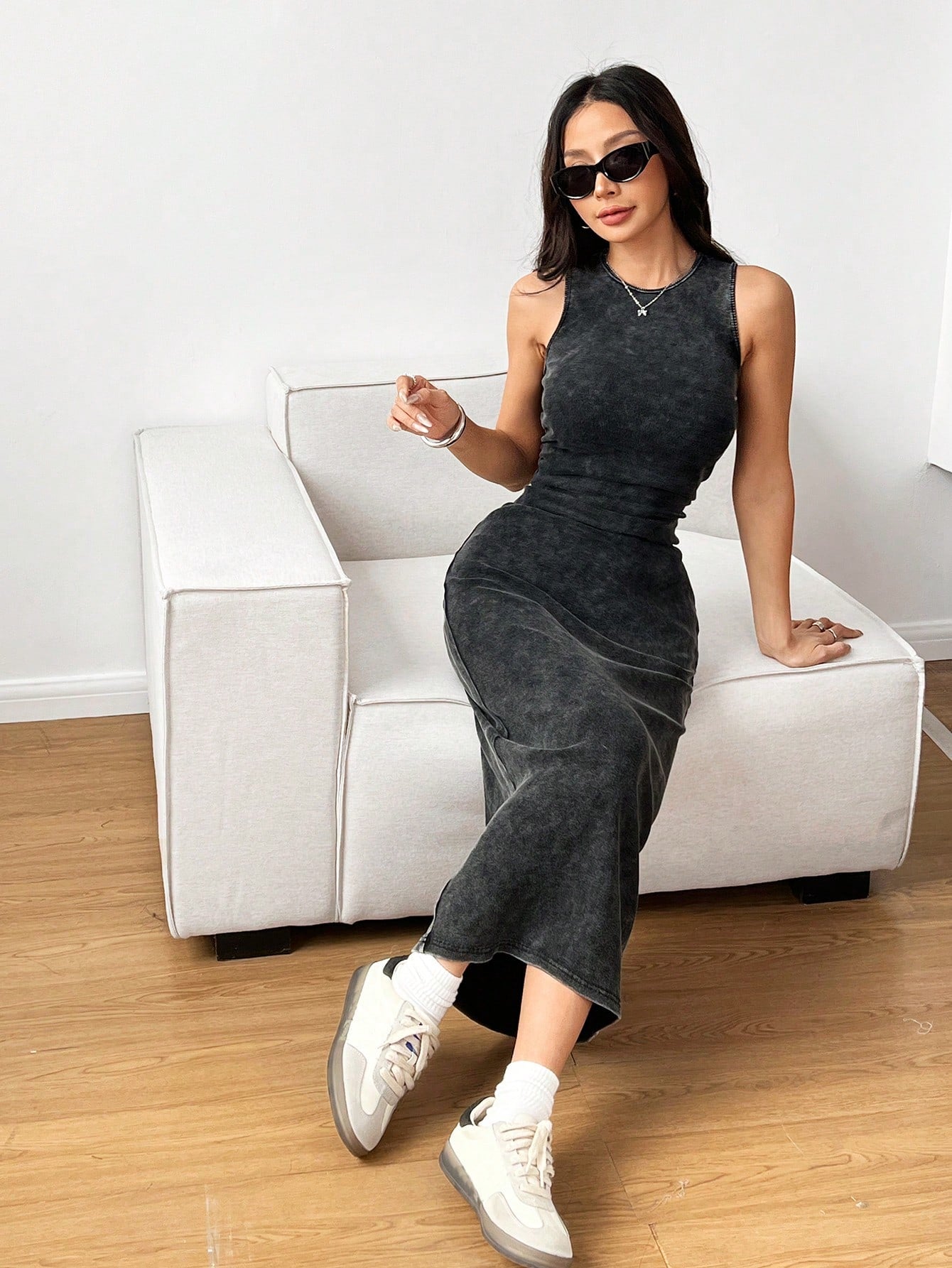 EZwear Distressed Style Acid-Washed Round Neck Sleeveless Bodycon Dress Everyday Holiday Gray Summer Casual Sexy