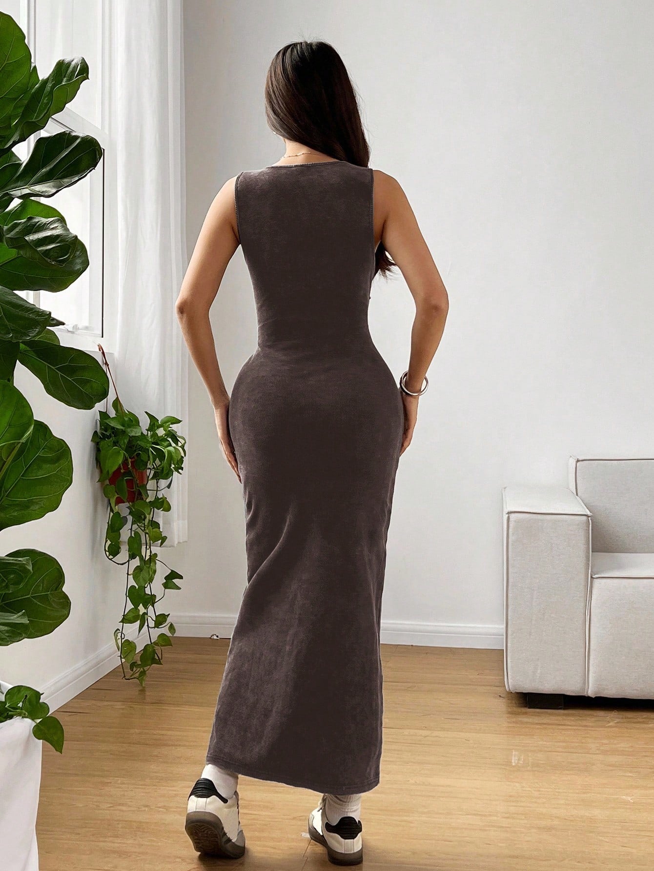 EZwear Distressed Style Acid-Washed Round Neck Sleeveless Bodycon Dress Everyday Holiday Gray Summer Casual Sexy