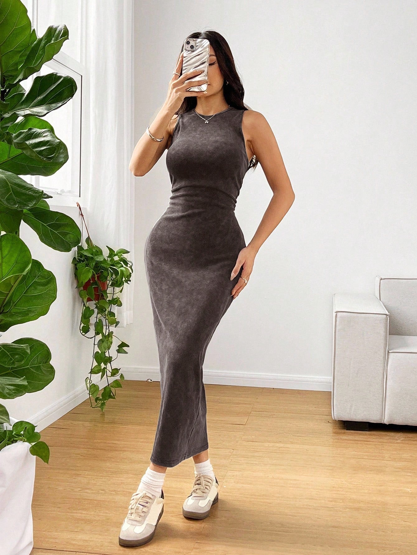 EZwear Distressed Style Acid-Washed Round Neck Sleeveless Bodycon Dress Everyday Holiday Gray Summer Casual Sexy