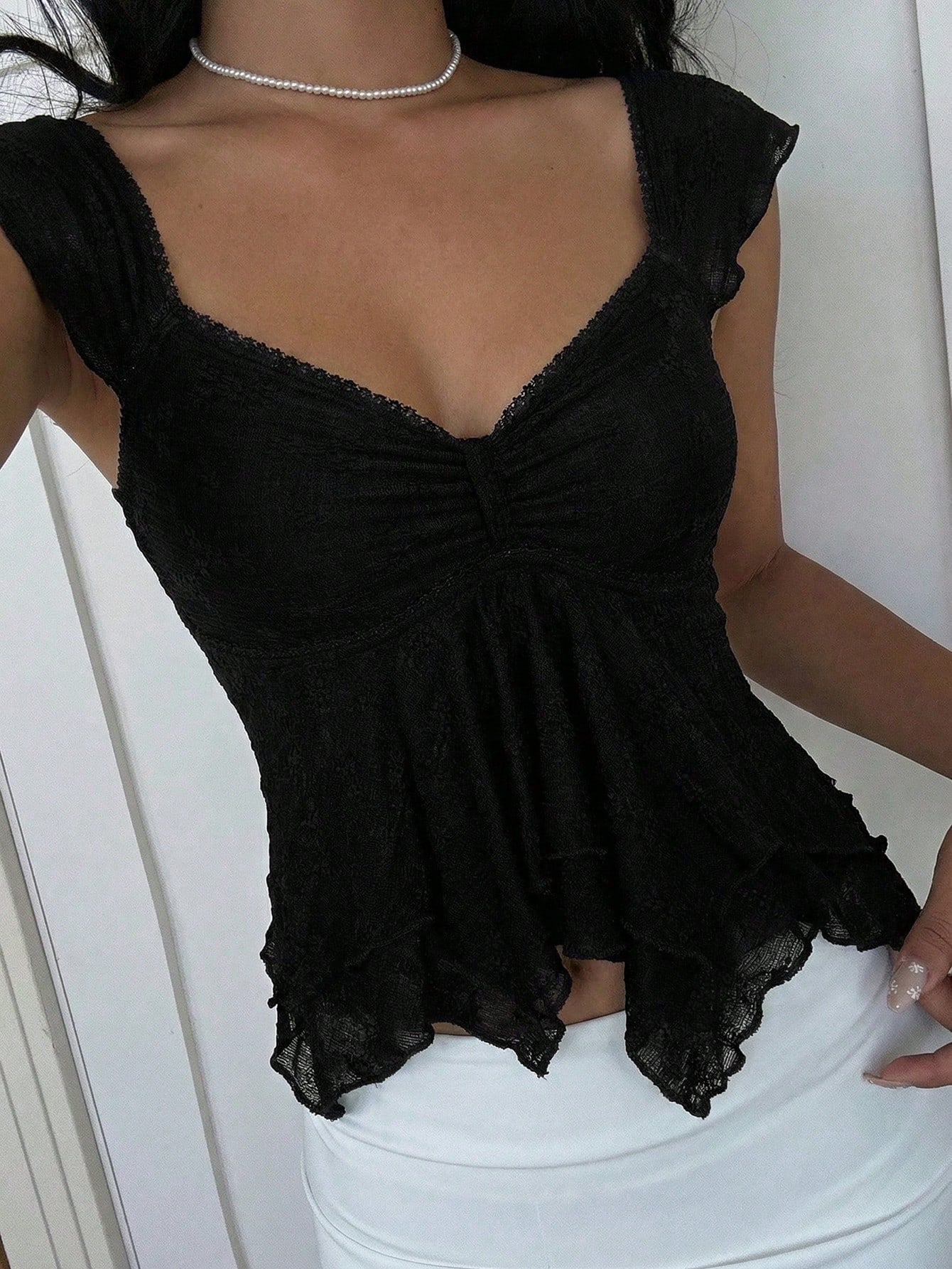 EZwear French Lace Trim Layered Sleeveless Asymmetrical Ruffle Hem Top Black Summer Dressy Cute Clothes Tops Pretty