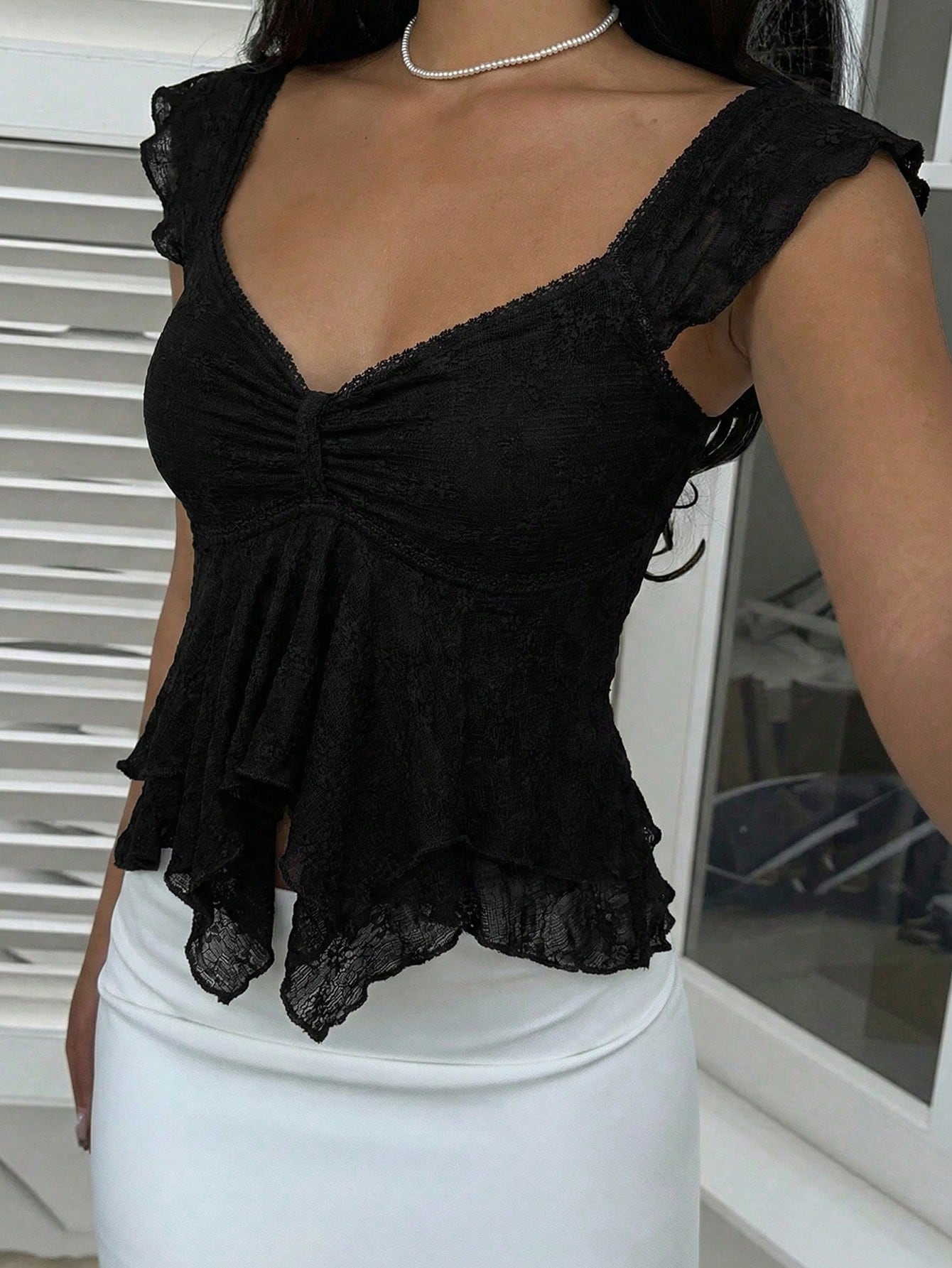 EZwear French Lace Trim Layered Sleeveless Asymmetrical Ruffle Hem Top Black Summer Dressy Cute Clothes Tops Pretty