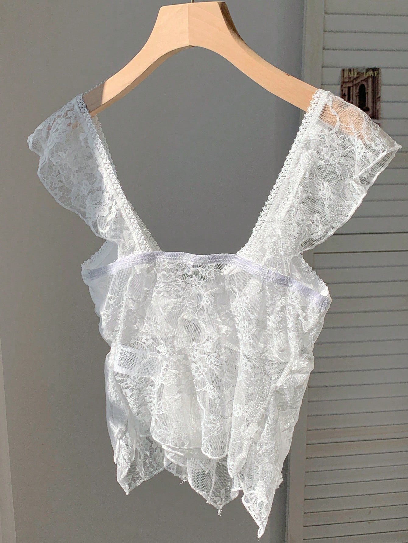 EZwear French Lace Trim Layered Sleeveless Asymmetrical Ruffle Hem Top Black Summer Dressy Cute Clothes Tops Pretty