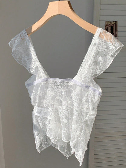 EZwear French Lace Trim Layered Sleeveless Asymmetrical Ruffle Hem Top Black Summer Dressy Cute Clothes Tops Pretty