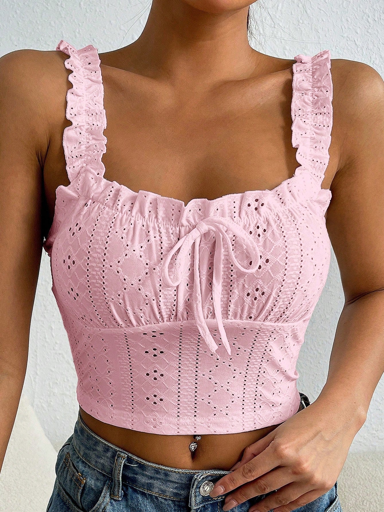 EZwear Frill Trim Tie Front Schiffy Wide Straps Top
