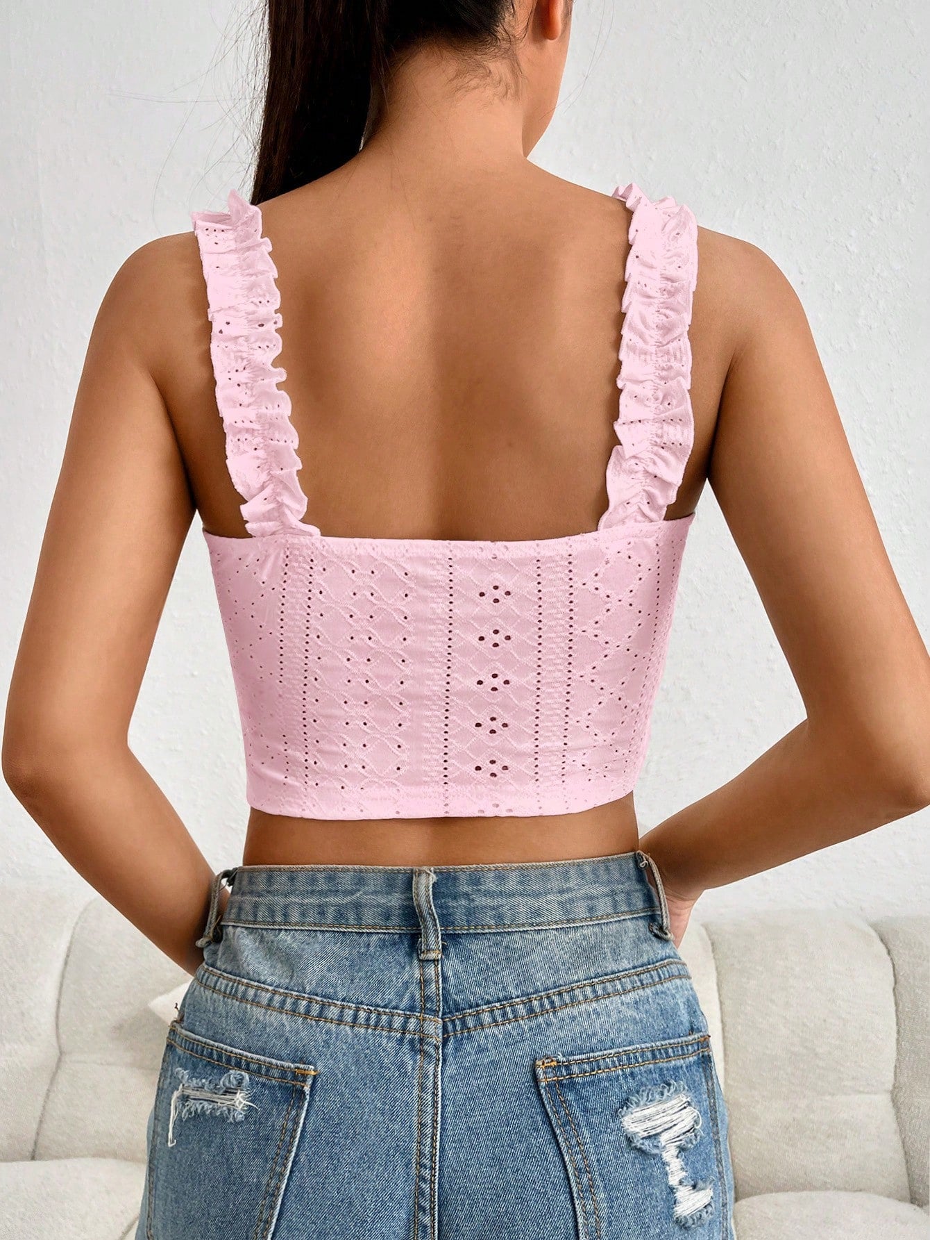 EZwear Frill Trim Tie Front Schiffy Wide Straps Top