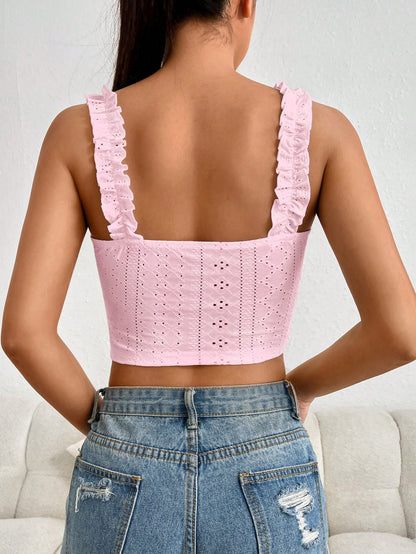 EZwear Frill Trim Tie Front Schiffy Wide Straps Top