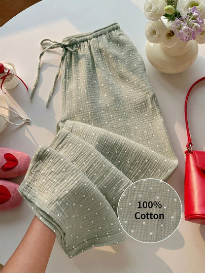 EZwear Green Woven Women's Polka Dot Print Tie Waist Pants