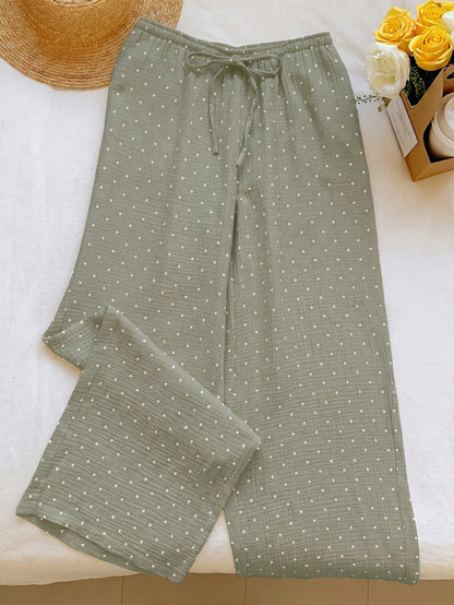 EZwear Green Woven Women's Polka Dot Print Tie Waist Pants