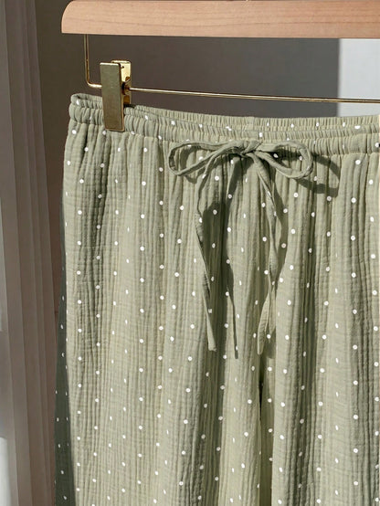 EZwear Green Woven Women's Polka Dot Print Tie Waist Pants