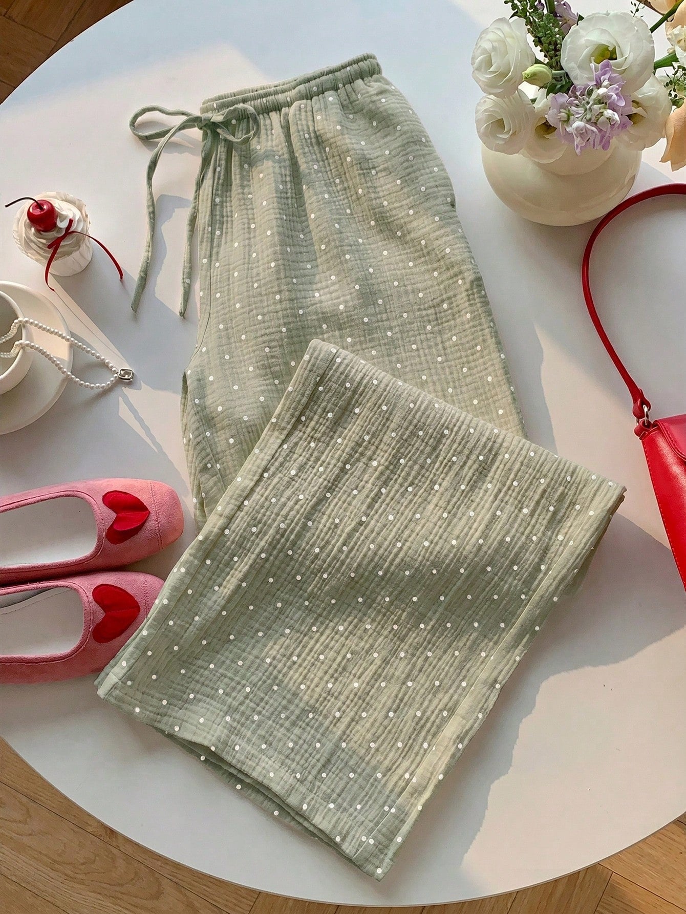EZwear Green Woven Women's Polka Dot Print Tie Waist Pants