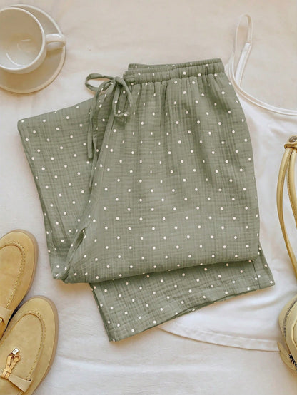 EZwear Green Woven Women's Polka Dot Print Tie Waist Pants