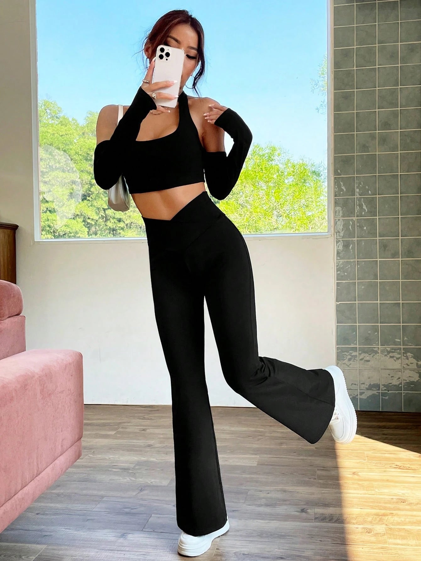 EZwear Overlap Waist Flare Leg Pants