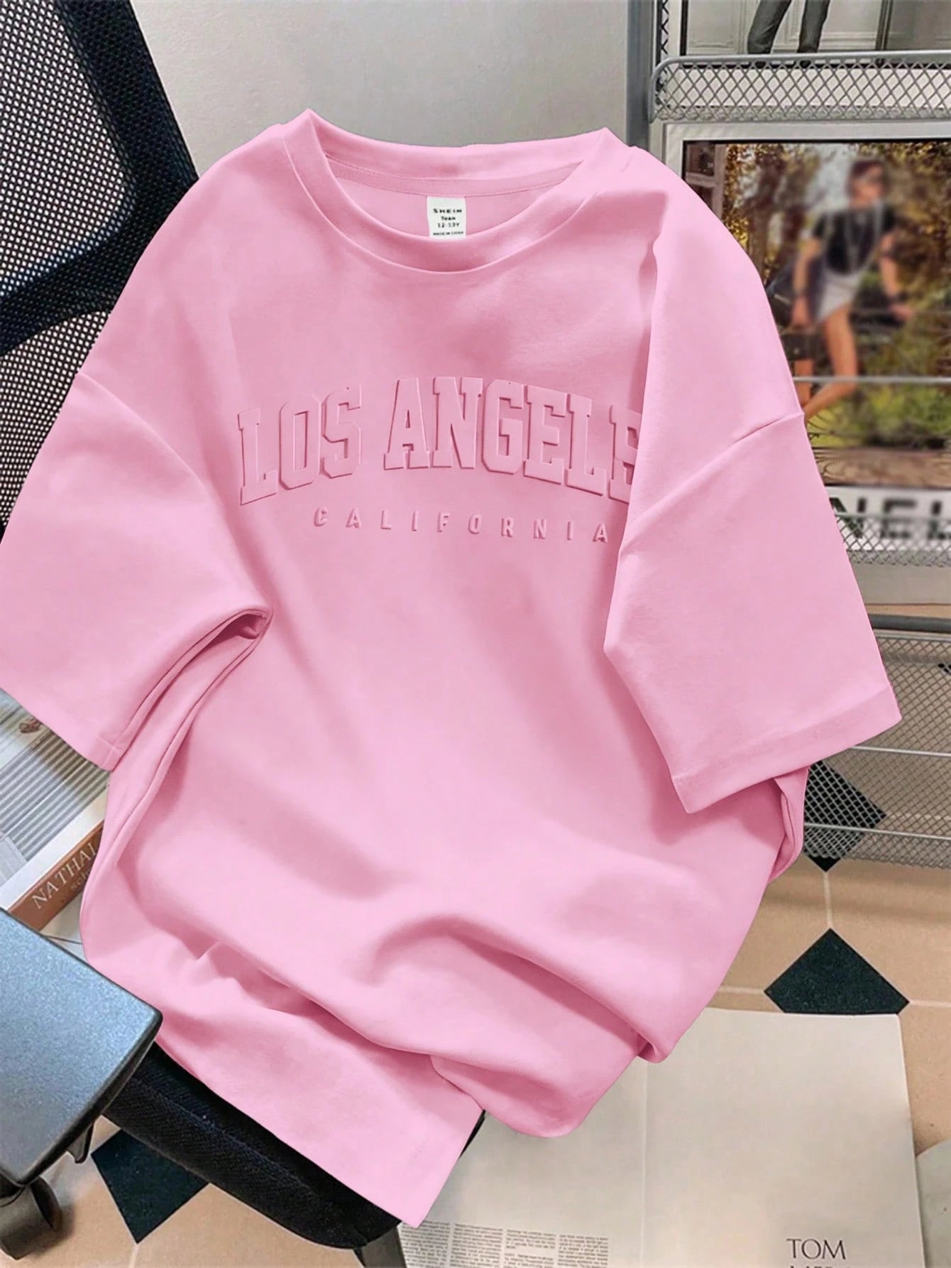 EZwear Oversized 3D Embossed English Slogan Graphic Round Neck Short Sleeve Loose T-Shirt For Women