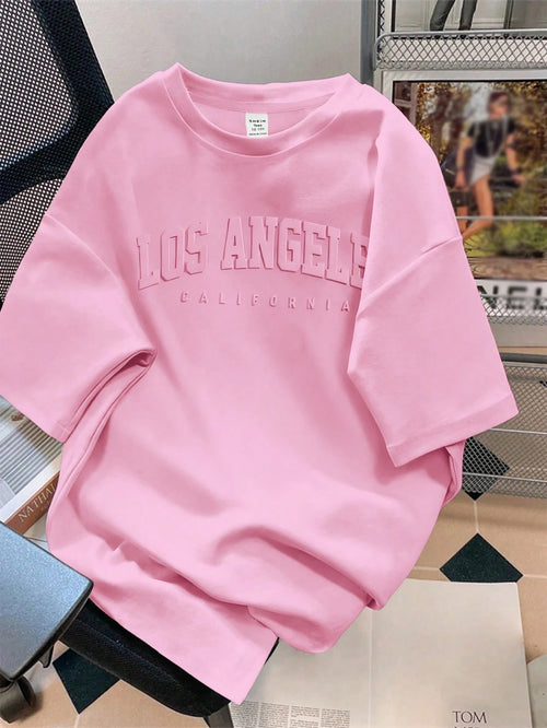 EZwear Oversized 3D Embossed English Slogan Graphic Round Neck Short Sleeve Loose T-Shirt For Women