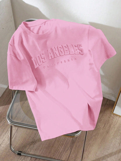 EZwear Oversized 3D Embossed English Slogan Graphic Round Neck Short Sleeve Loose T-Shirt For Women
