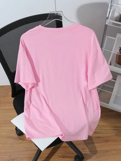 EZwear Oversized 3D Embossed English Slogan Graphic Round Neck Short Sleeve Loose T-Shirt For Women