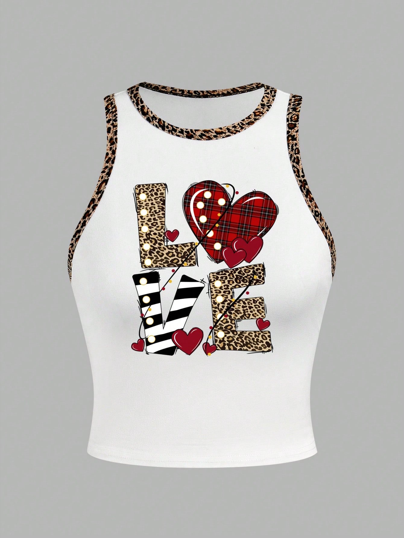 EZwear Pink Leopard Plaid Striped Print "Love" Graphic Casual Minimalist Round Neck Tank Top For Women, Suitable For Summer