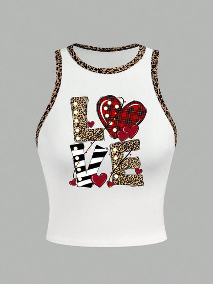 EZwear Pink Leopard Plaid Striped Print "Love" Graphic Casual Minimalist Round Neck Tank Top For Women, Suitable For Summer