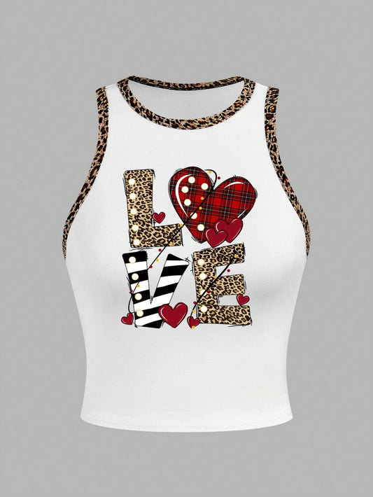EZwear Pink Leopard Plaid Striped Print "Love" Graphic Casual Minimalist Round Neck Tank Top For Women, Suitable For Summer