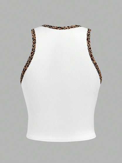 EZwear Pink Leopard Plaid Striped Print "Love" Graphic Casual Minimalist Round Neck Tank Top For Women, Suitable For Summer