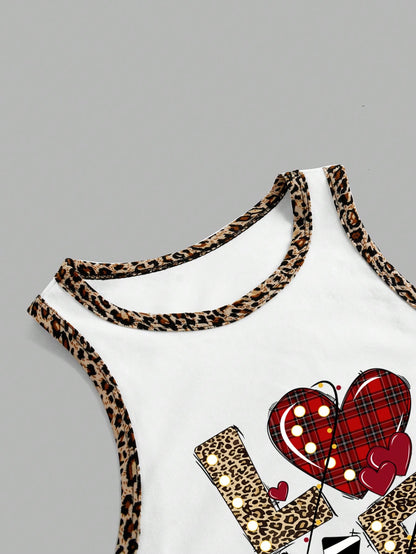 EZwear Pink Leopard Plaid Striped Print "Love" Graphic Casual Minimalist Round Neck Tank Top For Women, Suitable For Summer