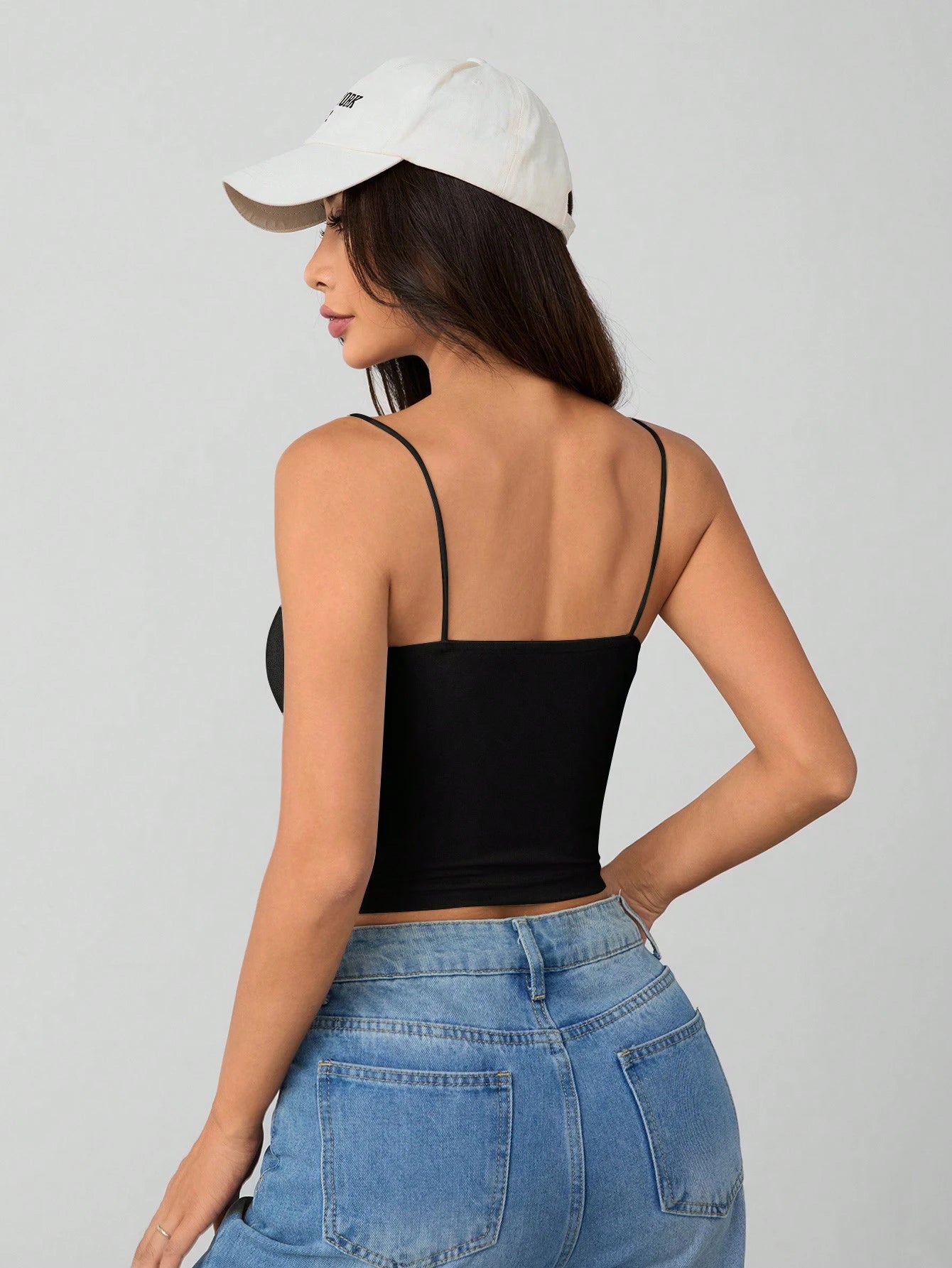EZwear Plus Size Black Strap Cami Top With Cup Holder, College Students, Spring Summer Clothes Office Business Casual
