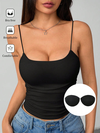 EZwear Plus Size Black Strap Cami Top With Cup Holder, College Students, Spring Summer Clothes Office Business Casual