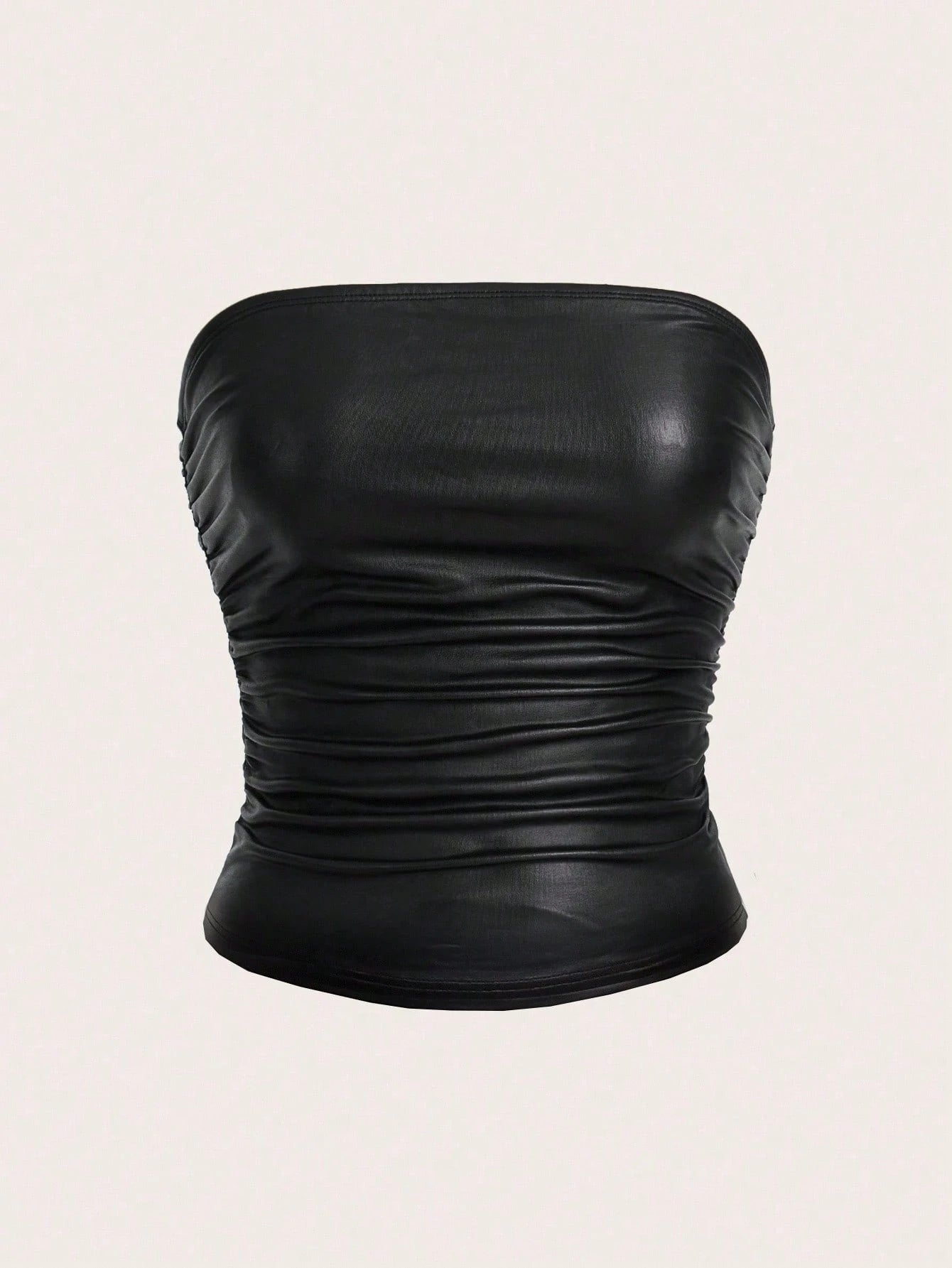EZwear Plus Size Women High Elasticity PU Material Ruched Black Tube Top Party Concert Summer Sexy
