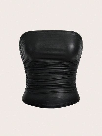 EZwear Plus Size Women High Elasticity PU Material Ruched Black Tube Top Party Concert Summer Sexy