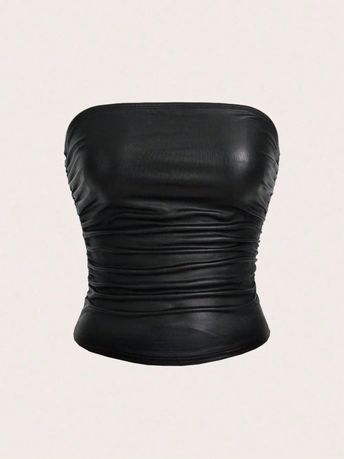 EZwear Plus Size Women High Elasticity PU Material Ruched Black Tube Top Party Concert Summer Sexy