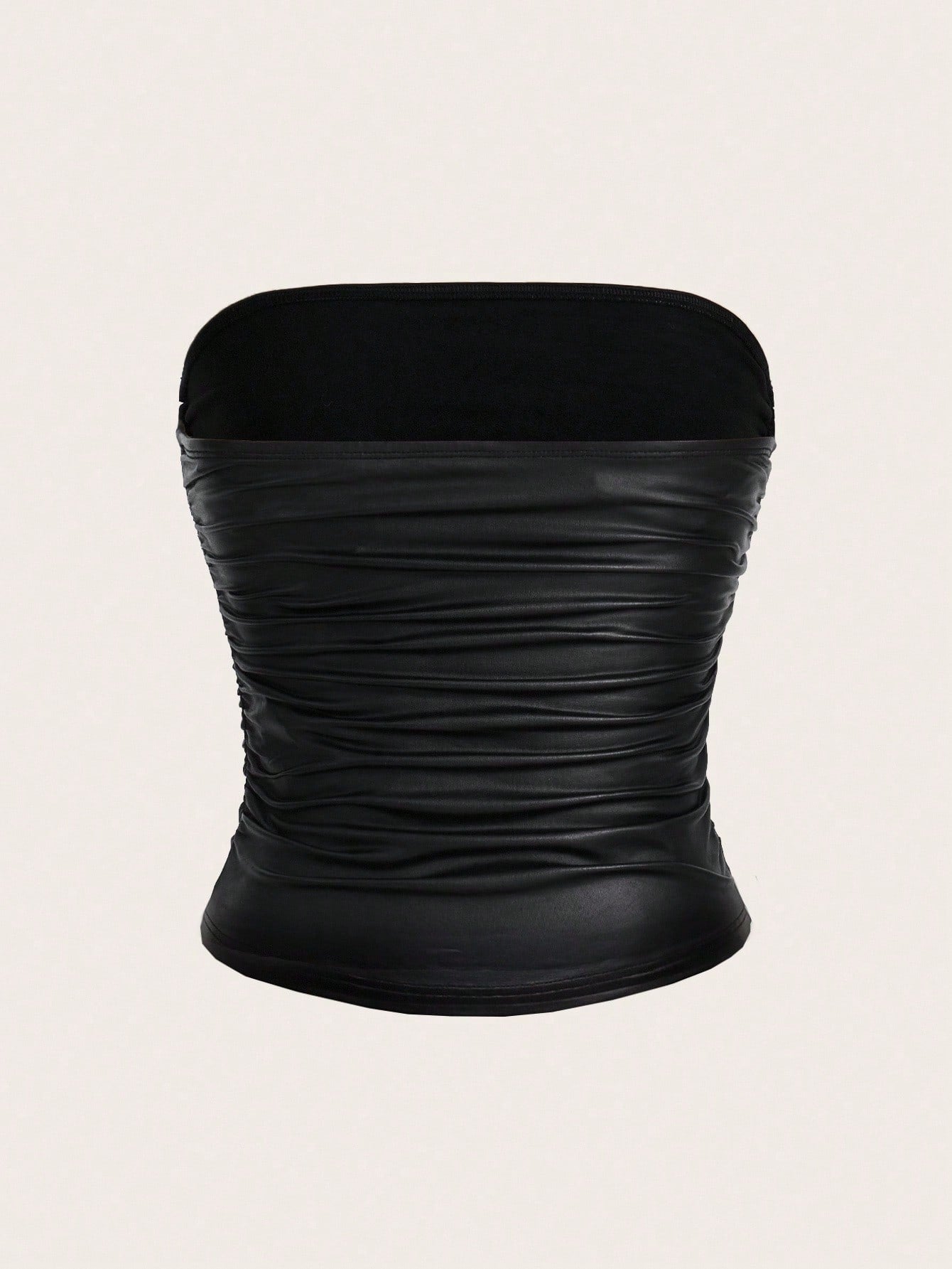 EZwear Plus Size Women High Elasticity PU Material Ruched Black Tube Top Party Concert Summer Sexy