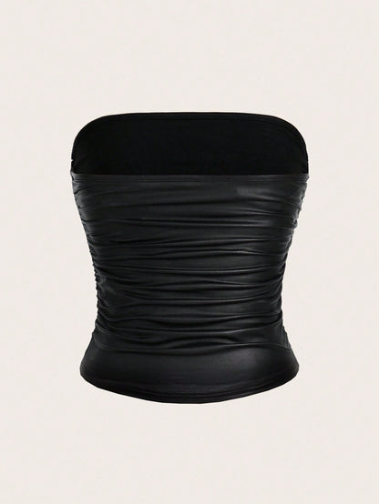 EZwear Plus Size Women High Elasticity PU Material Ruched Black Tube Top Party Concert Summer Sexy