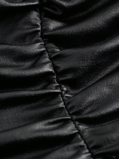 EZwear Plus Size Women High Elasticity PU Material Ruched Black Tube Top Party Concert Summer Sexy