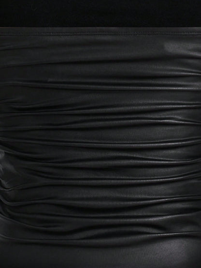 EZwear Plus Size Women High Elasticity PU Material Ruched Black Tube Top Party Concert Summer Sexy
