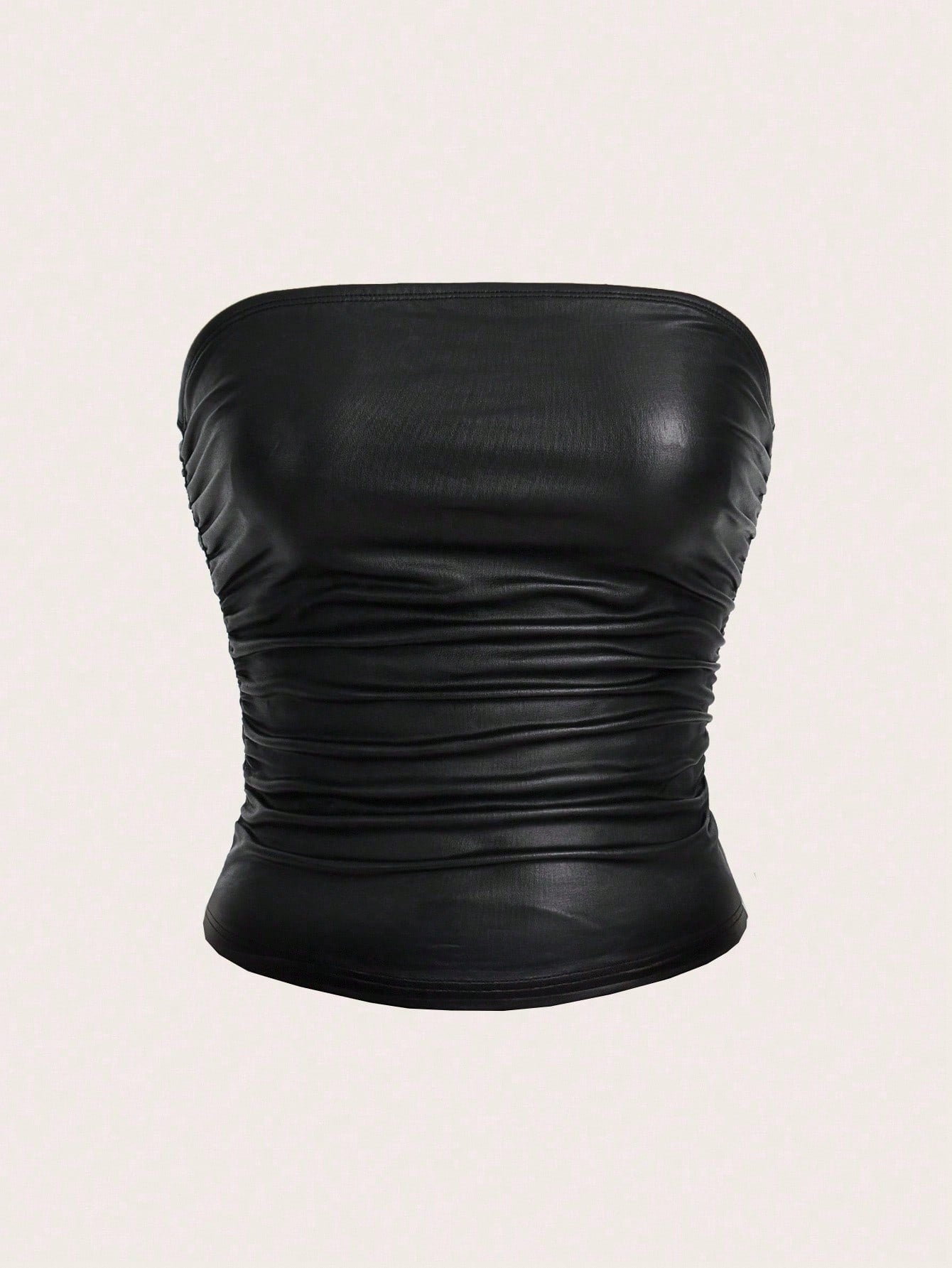 EZwear Plus Size Women High Elasticity PU Material Ruched Black Tube Top Party Concert Summer Sexy