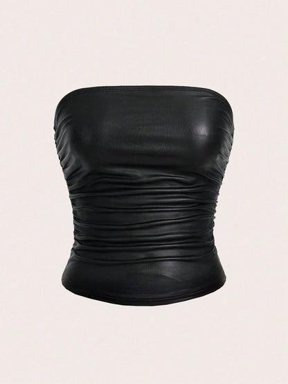 EZwear Plus Size Women High Elasticity PU Material Ruched Black Tube Top Party Concert Summer Sexy